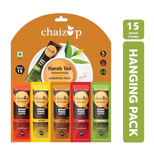 Image of Chaizup Premium 1 Min Instant Tea Premix - India's 1st Hanging Pack (15 Sachets, 5 Flavors) | Milk Tea, Saffron, Ginger, Masala, Cardamom | 15 Servings