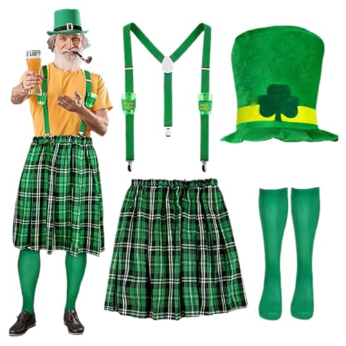 Tenue de Saint-Patrick pour homme - Costume de leprechaun - Jupe tartan verte - Serveur de vin - Fête de vacances - Déguisement irlandais - Accessoires de...