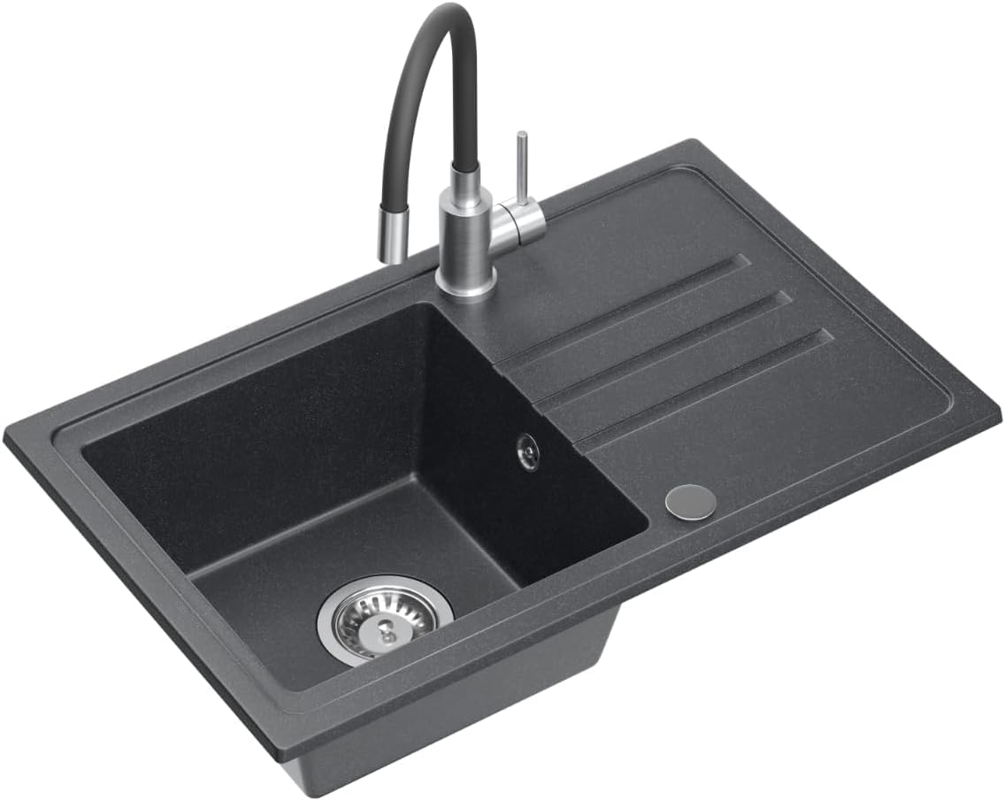 QUADRON Spülbecken Granitspüle Küche | Größe: 70 x 44 x 17,5 cm, Farbe: Schwarz | BEN 111 Küchenspüle Einbeckenspüle Set: Granitspüle + Schwarz/Stahl Flexibel Küchenarmatur + manuell Siphon