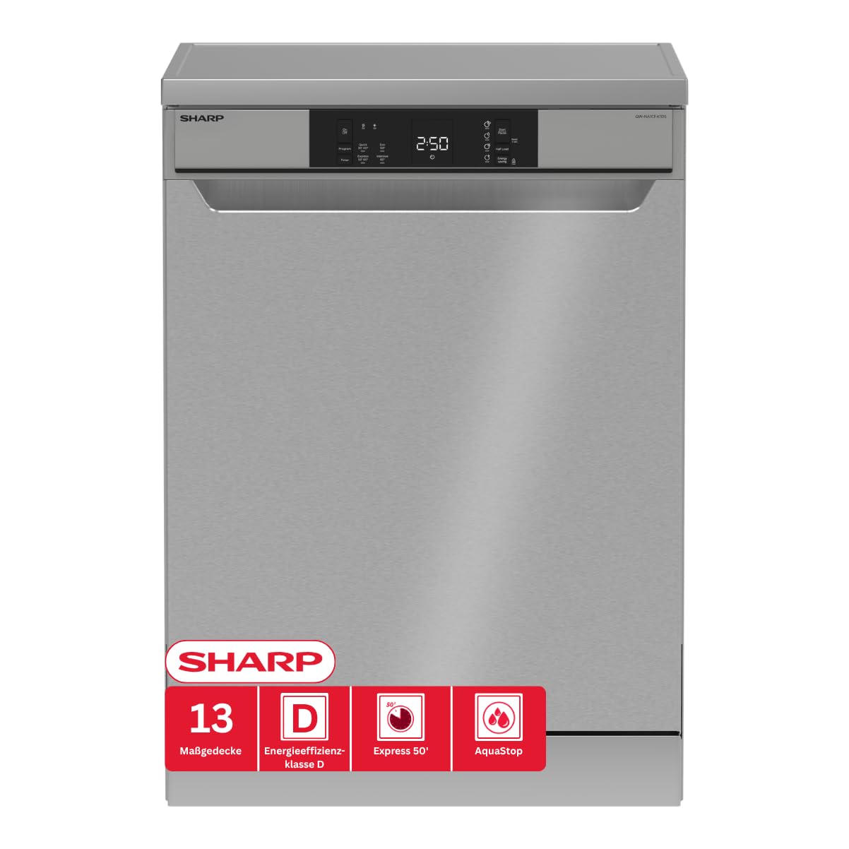 SHARP QW-NA1CF47DS-DE Freistehender Geschirrspüler (60cm), (13 Gedecke, EEK D), (4 Programme, AquaStop), Silber