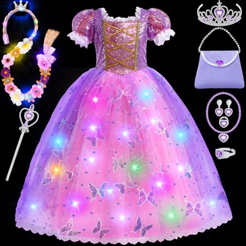 Toyssa Disfraz Rapunzel Niña, Luminosa Disfraz Princesa con Peluca Bolso Corona Princesa Varita Magica, Vestido Rapunzel Disfraz Niña 2 3 4 5 6 7 Años Carnaval Halloween Cumpleaños Cosplay (110cm)