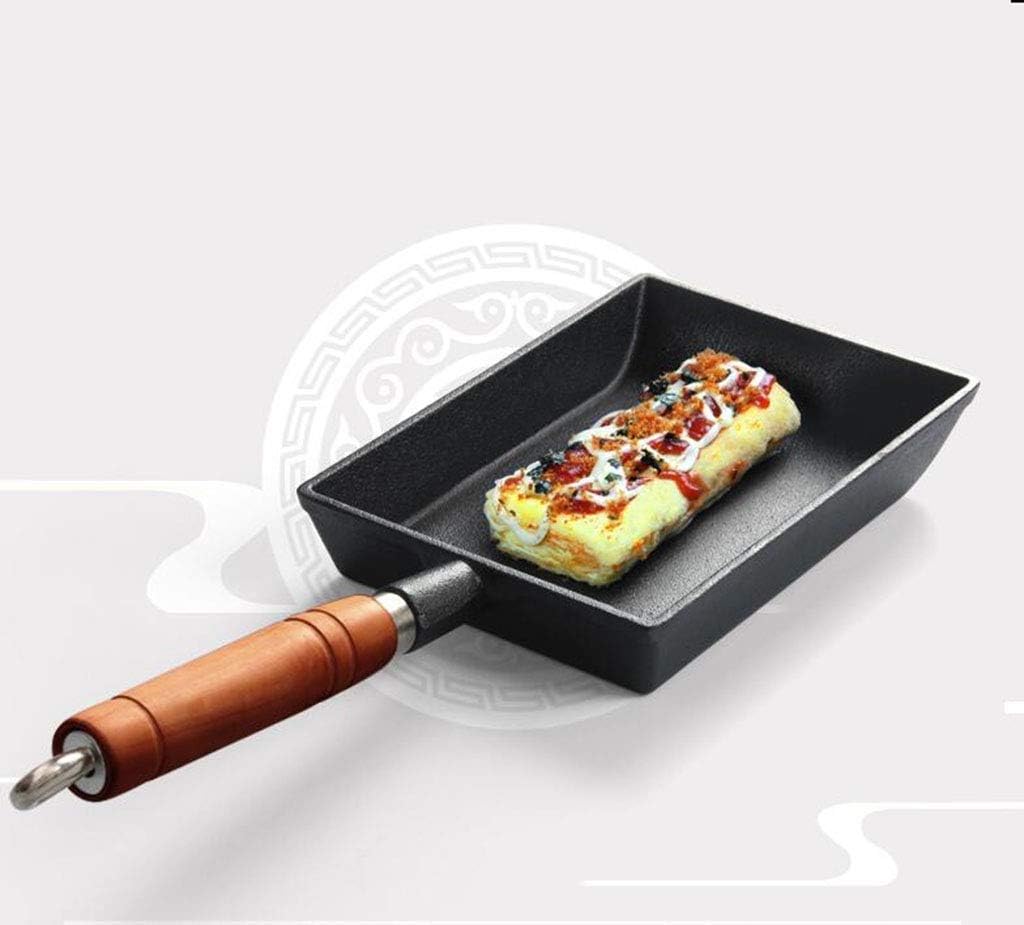 Frying Pan Rectangular Nonstick Egg Frying Pan, Cast Iron Omelette Pan with Removeable Wooden Handle Pancake Pot Cooker Frying Pan