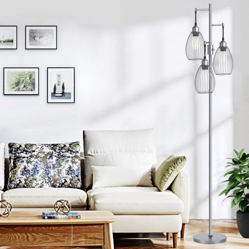 Image of Nintiue Dimmable Floor Lamp, 3 x 800LM LED Edison Bulbs Included, Industrial Floor Lamp Standing Tree Lamp with Elegant Teardrop Cage Heads Tall Lamps for Living Room Bedroom-Grey