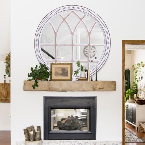 Image of 30 Inch Round Wood Window Mirror, Farmhouse Windowpane Wall Mirrors Circle | Rustic Charm, Ideal for Entryway, Living Room, Bedroom, and Fireplace Mantel Decor