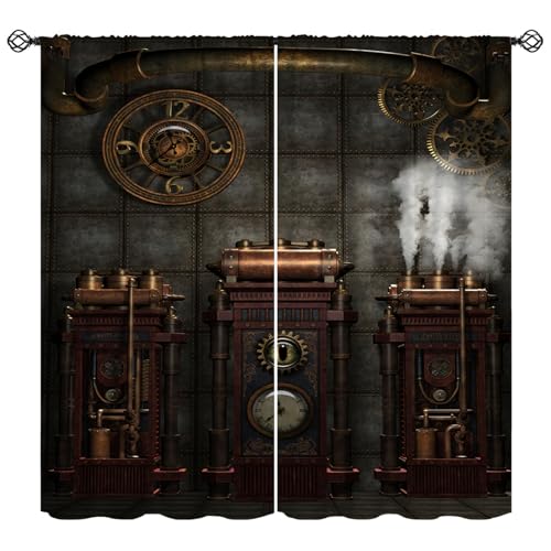 KANEPE Rustic Steampunk Curtains, 3D Retro Gears Clocks Old Metal Mid Century Pattern Window Treatments, Rod Pocket Thermal Insulated Drapes 2 Panel Sets for Bedroom Living Room, 42