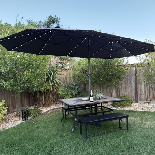 Image of PURPLE LEAF Patio Umbrella 14ft with Base and Solar Lights, Navy Blue