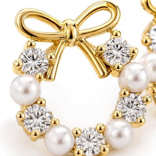 Image of Gold Bow Wreath Earrings with Pearls and Crystals, Stud Style, Elegant Holiday Theme