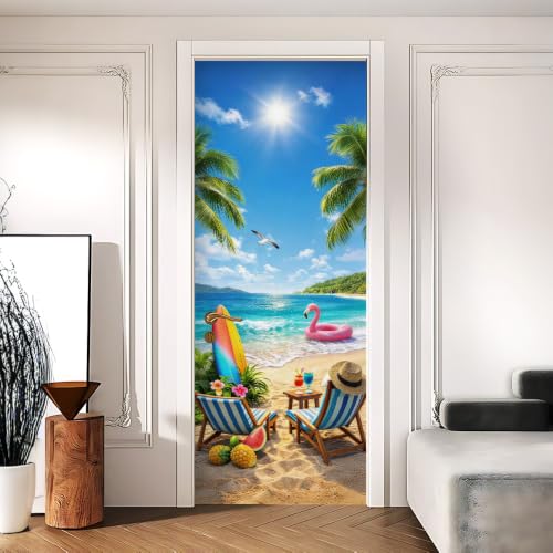 Image of Tropical Beach Door Sticker, Peel & Stick Door Cover, 30.3x78.7in
