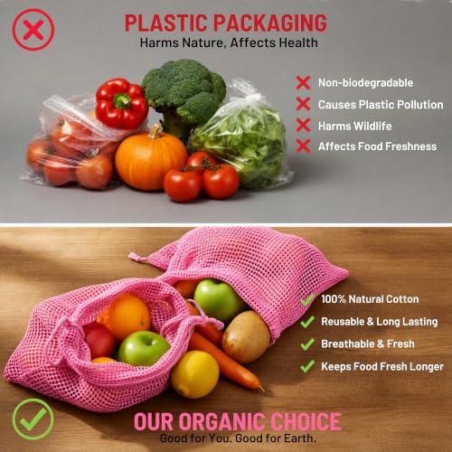 Image of Vegetable Bag for Fridge (3 pcs), Fridge Storage bags with Drawstrings, 100% Cotton Vegetable Storage Bags for Refrigerator, Keeps Veggies Fresh Longer, Eco-Friendly Fridge Bag (Onion Pink - 3 Pack)