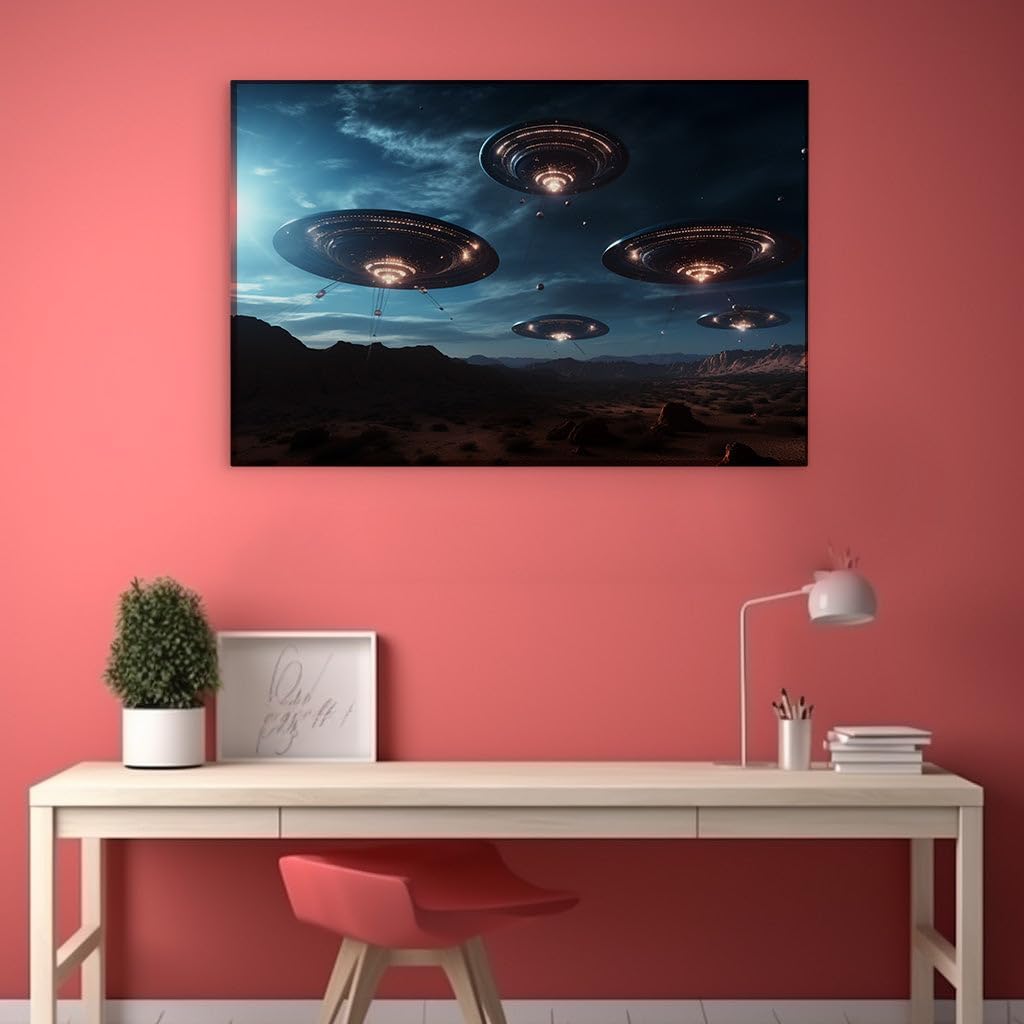 Canvas for Living room. Mystic Flight of Metallic UFOs Over Reddish Desert Terrain Under Starlit Skies, 27 x 18 inch Canvas Wall Art - Universe - Modern Home Decor