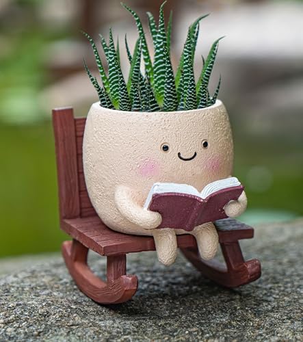 Rocking Chair Smiley Face Planter,Cute Plant Pots for Indoor Outdoor Plants,Succulent Pots with Drainage Hole,Unique Funny Flower Pot for Succulents,Plant Gifts for Mother's Day, Birthday, Christmas