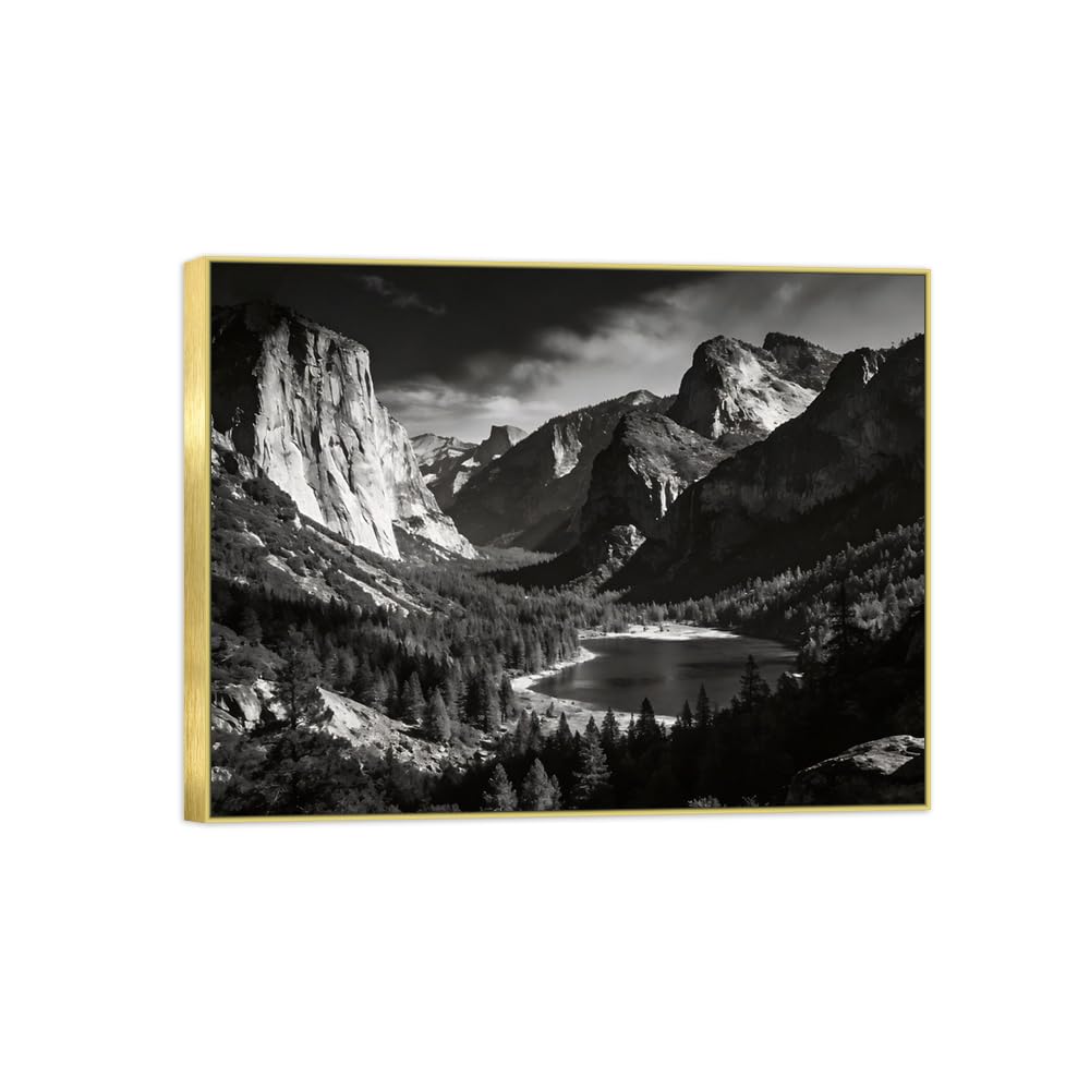 Tree Mountain Black White Landscape Canvas Picture 90x117cm Gold Frame