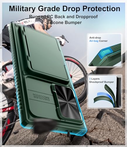BXYJY for Samsung Galaxy S24 Ultra Case with Card Holder (Store 4-5 Cards) & Kickstand & Slide Lens Cover, Military Grade Drop Protection, Rugged Silicone Wallet Case for Samsung S24 Ultra 2024, Green - Thumbnail 5