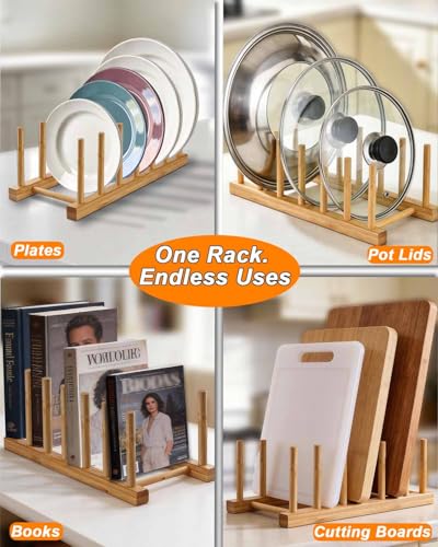 Image of Bamboo Dish Rack, Stylish Vertical Wooden Plate Holder & Drainer, Multi-Purpose Kitchen Cabinet Organizer for Dishes, Pots, Lids, Bowls, Cups & Cutting Boards（6-Slot Design）