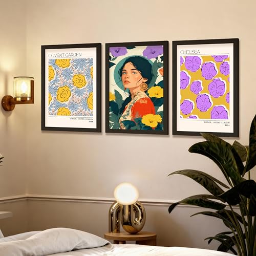 Image of NoWorries Modern Portrait Art & London Floral Wall Frames Paintings | Chelsea & Covent Garden Botanical 300 GSM Premium Prints | Stylish Home Decor for Living Room, Office & Bedroom | Synthetic Wooden Wall Art Frames (Set of-3) (BLACK, ART-11, 10X13INCHES)