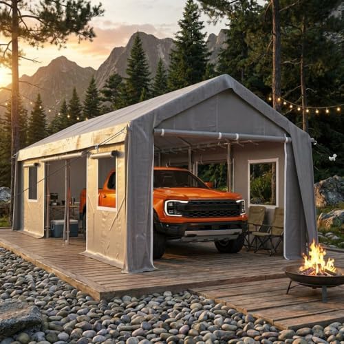 Carport, 20x10x11FT Portable Garage with PE Canopy, Heavy Duty Carport Tent, Car Shelter with Front & Rear Doors and 2 Roll-Up Side Doors, 4 Windows, Tent only, Gray
