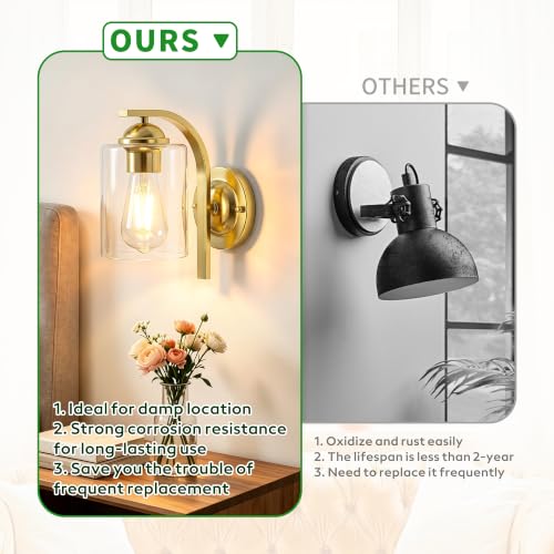 Image of 2-Pack Wall Sconces Lights Lamp for Bedroom Bathroom, Modern Vanity Light Fixtures, Gold Farmhouse Wall Mount Lighting Lanterns with Clear Glass Shade for Living Room Mirror Hallway Kitchen