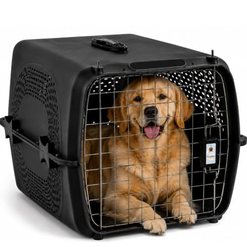 Image of Foodie Puppies Imported Plastic Pet Travel Carrier Cage (66 x 47 x 53 cm, Large) for Medium to Large Dogs & Adult Cats | Portable Transporter Box with Metal Door & Spring Lock