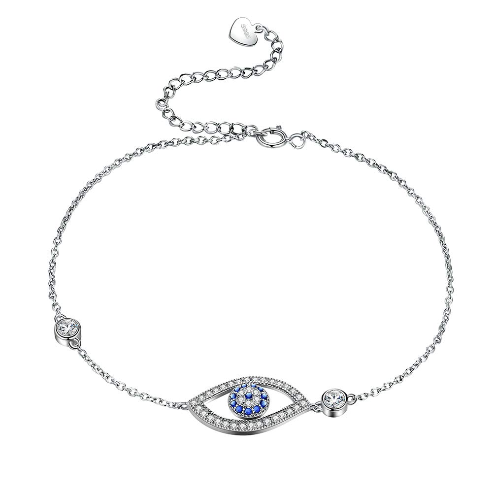 JewmonSymbolic Evil Eye Bracelet for Women 925 Sterling Silver Blue White Cubic Zirconia Turkish Eye Bracelet Adjustable Chain Bracelet Lucky Amulet Eye Jewelry