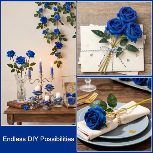 Image of 50 PCS Blue Roses Artificial Flowers, Fake Roses with Stem Realistic Silk Roses for DIY Wedding Bouquets Tables Centerpieces Arrangements Baby Shower Birthday Home Decor Independence Day Gift for Her