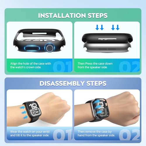 Image of VEMIGON Tempered Glass Case Compatible for Apple Watch Series 11 / Series 10 42mm, Hard PC Screen Protector Overall Protection Ultra-Thin Lightweight Scratch-Resistant Cover for iWatch, Jet Black