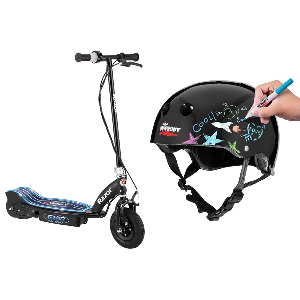 RazorE100 Electric Scooter for Kids Ages 8+ - 8" Pneumatic Front Tire, Hand-Operated Front Brake & Wipeout Dry Erase Kids Helmet for Bike, Skate, and Scooter, Black, Ages 8+