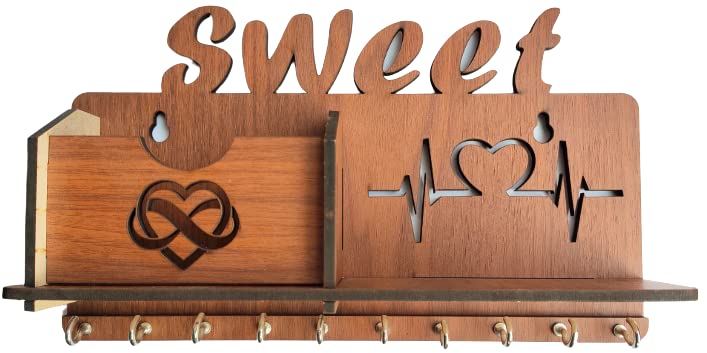 Image of Sweet Heart Beat Key Holder Wooden Side Shelf Key Holder for Home and Kitchen Matte Finish Mobile Charger Stand Key Organizer for Decor Office, Living Room, Hall Great Gift Item