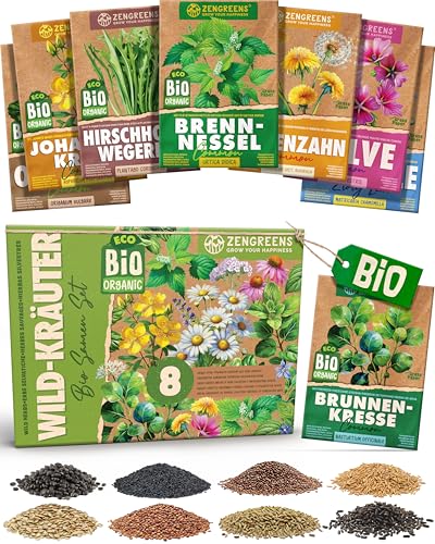 ZenGreens - Bio Wildkräutersamen im 8er Set - 8 Wildkräuter Samen für den einfachen Anbau im Garten Balkon oder Hochbeet - Pflanzensamen - Saatgut