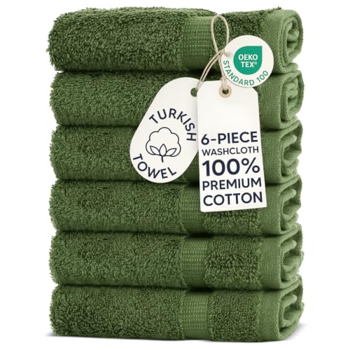 Chakir Turkish Linens 6 Piece Washcloth Set 100% Cotton Turkish Washcloths for Bathroom Luxury Soft Absorbent Face Towels 13 x 13 Inches Moss