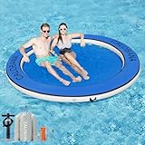 CALOBANA 8ft Round Inflatable Water Hammock, Heavy Duty Floating Ring Dock Island Platform River Floats for Adults Party Tanning Pool, Blue and White