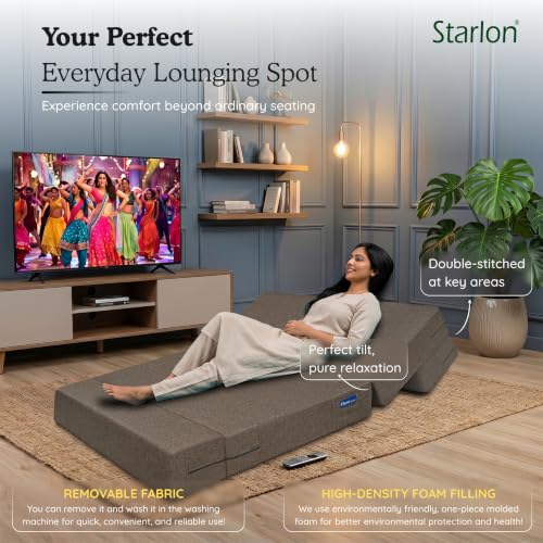 Image of Starlon 1 Seater Sofa Cum Bed Foldable 3-in-1 Sofa Bed with 1 Year Warranty, Washable Jute Fabric Cover & 1 Geometrical Pillow | Guest Bed | Coffee Brown 3x6 Ft