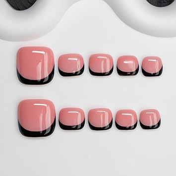 Handmade Press on Toenails Short Black French Tips Toenail Press ons Square for Women Pure Handmade Luxury Thick Fake Toe Nails Art Muti-Layer Gel Thicked Acrylic Stick on Foot Nails S