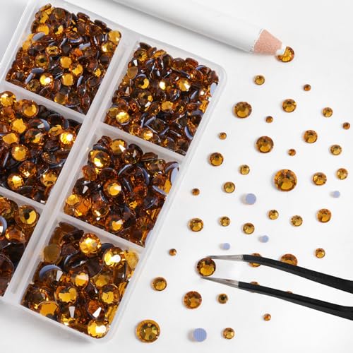 Image of BEADSLAND Hotfix Rhinestones, 6080PCS Topaz Rhinestones for Clothes Crafts Mixed 6 Sizes with Wax Pencil and Tweezers Kit, SS6-SS30, Topaz