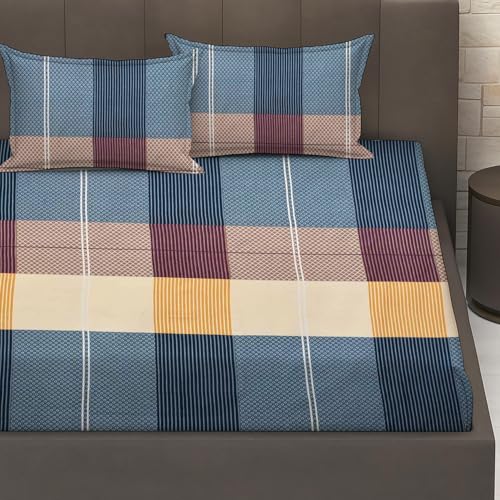 Image of IVAZA Ezyption Cotton Super Soft 240 TC Elastic Fitted All Around Elastic Printed King Size Double Bed Bedsheet with 2 Pillow Cover 72 inch X 78 inch Light Blue