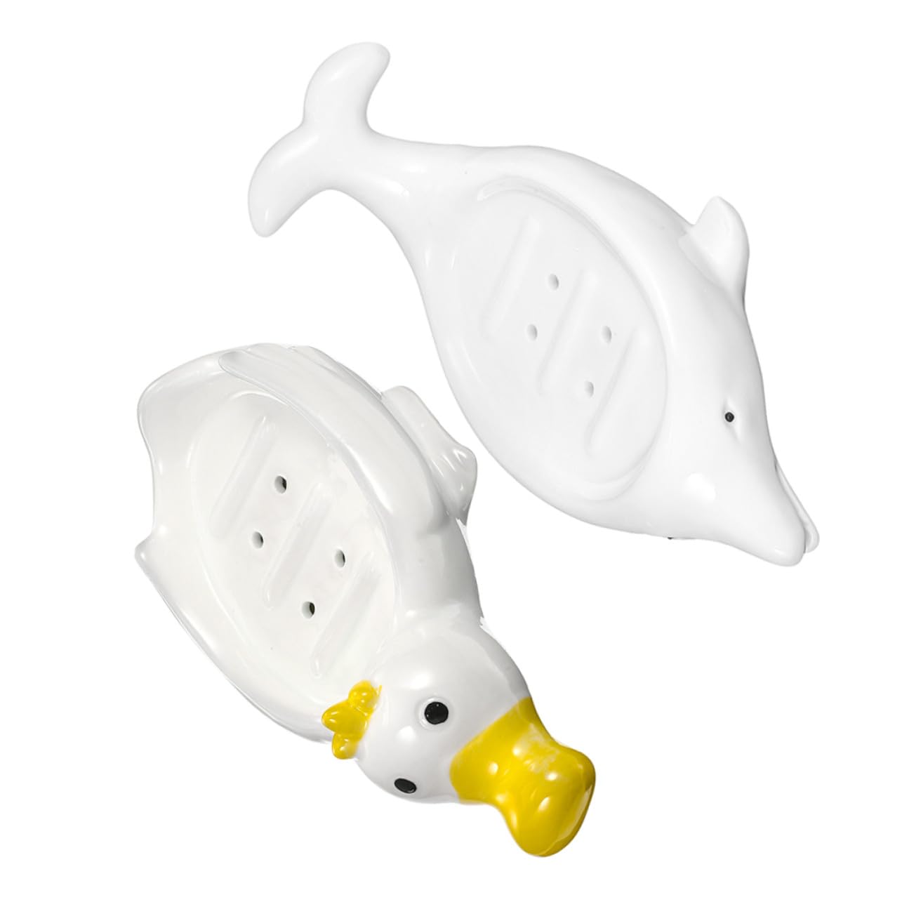 Seifenschale mit Wasserablauf aus Keramik in Delfinform 2 Stück und Geschenkidee und Schwammhalter für Badezimmer Dekoration