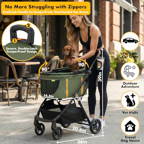 PAWZIDEA Pet Stroller 4 in 1, Foldable Cat Stroller with Detachable Carrier for Small Medium Dogs & Cats, Escape-Proof No-Zip Canopy, Lightweight Portable Travel Crate & Car Seat Combo, Storage Basket - Image 3