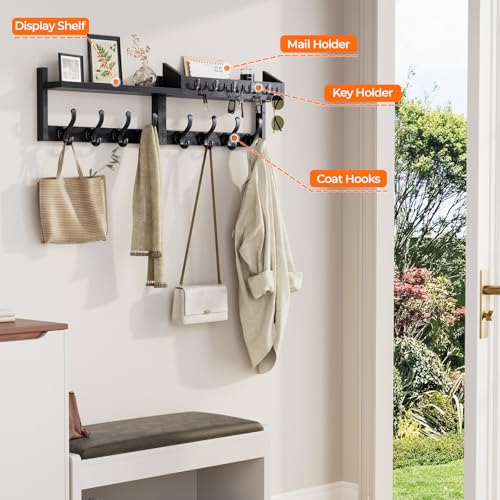 Image of Evermagin 35 inch Coat Rack Wall Mount with Shelf, 4 in 1 Coat and Key Hanger with 13 Metal Hooks, Entryway Wall Mounted Shelf with Mail Holder for Living Room, Bedroom, Black