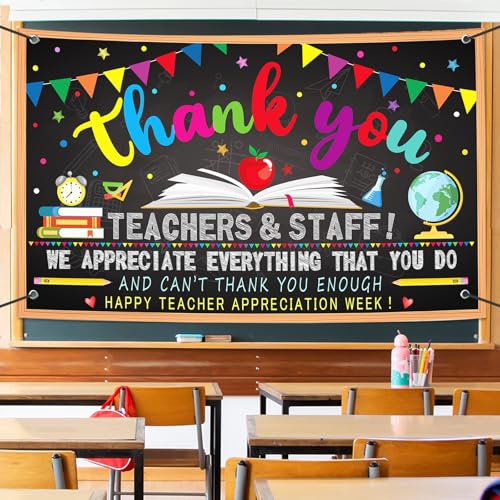 Image of Happy Teacher Day Banner Teacher Appreciation Week Decorations Flag Outdoor 71x44 Inch School Classroom Backdrop,Thank You Teacher Gifts for Indoor Home Party Supplies,Yard Sign Photography Background