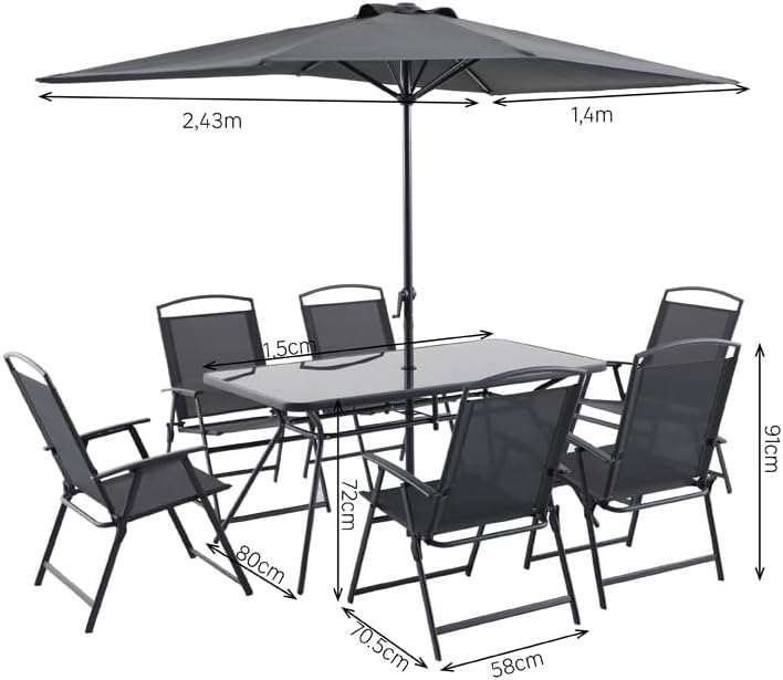Dressage | Outdoor Dining Set with Glass Table, 6 Folding Textilene Chairs and Parasol - Durable, Elegant and Functional Design for Terraces