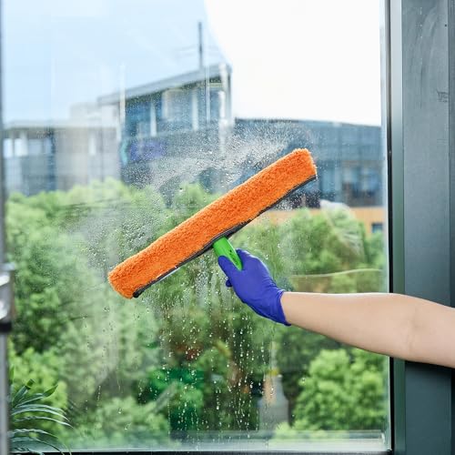 Image of Restaurantware-Clean Tek Professional Window Washer Strip, 1 Window Scrubber with T-Bar Handle - Machine Washable, No-Streak Cleaning, Orange Microfiber Washer for Glass Door, Home Or Commercial Use