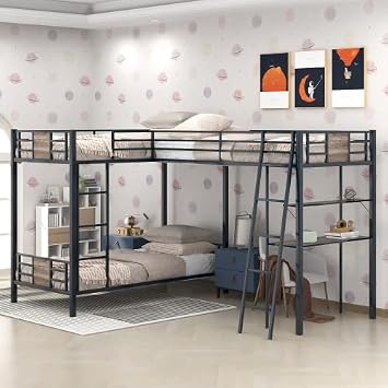 Metal Triple Bunk Bed with Desk and Shelf, L-Shaped Bunk Bed for 3 Kids Teens Adults, Twin Over Twin Bunk Bed with a Twin Size Loft Bed Attached Brown