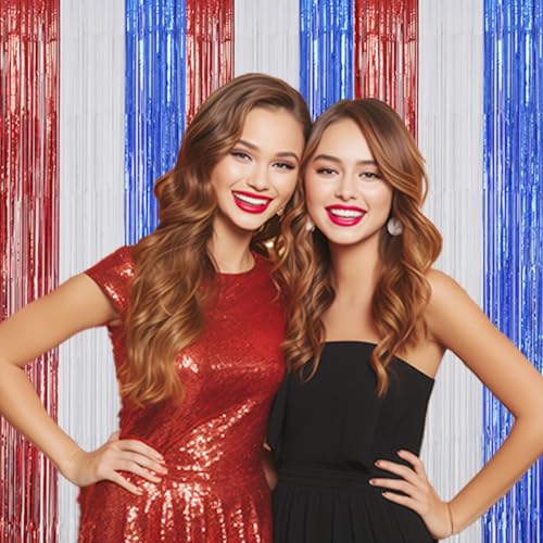 Image of DECOCKRAT 3 Pack Foil Fringe Backdrop - Red&White&Blue Shiny Tinsel Curtains for Party Decoration /Photo Booth Props - 3.3x8.2 FT Metallic Foil Backdrop for Birthday, Wedding, Graduation, Christmas.