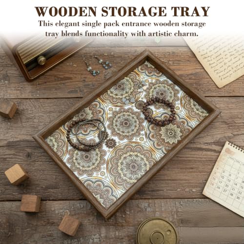 Image of HASTHIP 1-Pack Entry Wooden Organizer Tray Jewelry Storage Tray Retro Mandala PU Leather Liner Wooden Shallow Storage Tray for Keys Coins Jewelry and Daily Essentials, 30x20x2.5cm
