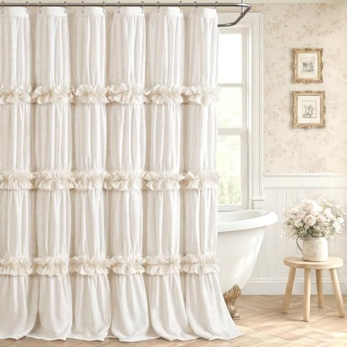 XOGUIBO Ruffle Shower Curtain with Bow Vintage Farmhouse Linen Shower Curtain for Bathroom Cream 72 W x 72 H