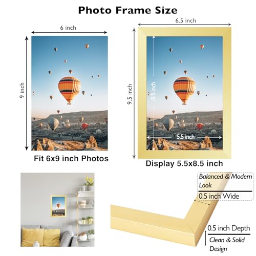 Image of JCJMY 6x9 Picture Frame Gold for Wall Hanging or Tabletop- Wall Mounting Horizontally or Vertically, 6 x 9 Wall Gallery Poster Photo Frames for 6 by 9 Photos, Gold