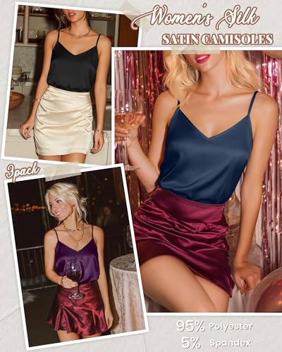 Image of 3 Pack Women's Silk Satin Camisoles V Neck Tank Tops | 95% Polyester, 5% Spandex, Adjustable Spaghetti Strap, Loose Blouse, Daily Wear, Sleeveless, Classic V Neck