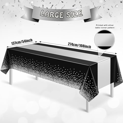 Image of 1Pcs Black Silver Tablecloth Party Decorations,Plastic Black Table Cloth Printed Silver Table Runner Disposable Rectangle Table Cover for Birthday Anniversary Wedding Graduation Party,54 x108 Inch