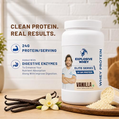 Image of Explosive Whey Elite Series Whey Protein - Trusted by M.S. Dhoni | 24g Protein per Scoop | Premium Concentrate Sport Supplement for Enhanced Muscle Growth and Recovery | Vanilla - 1kg (30 Servings)