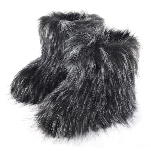 Women's Faux Fur Boots Furry Snow Boots Fuzzy Winter Shoes Fluffy Mid-Calf Flat Boots