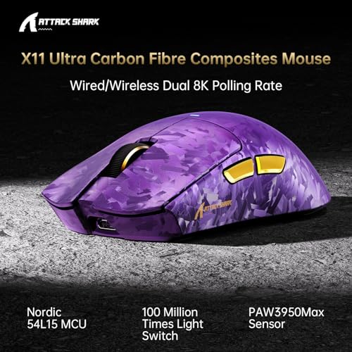 Image of ATTACK SHARK X11Ultra 8K Carbon Fiber Tri Mode Wireless Gaming Mouse-Purple